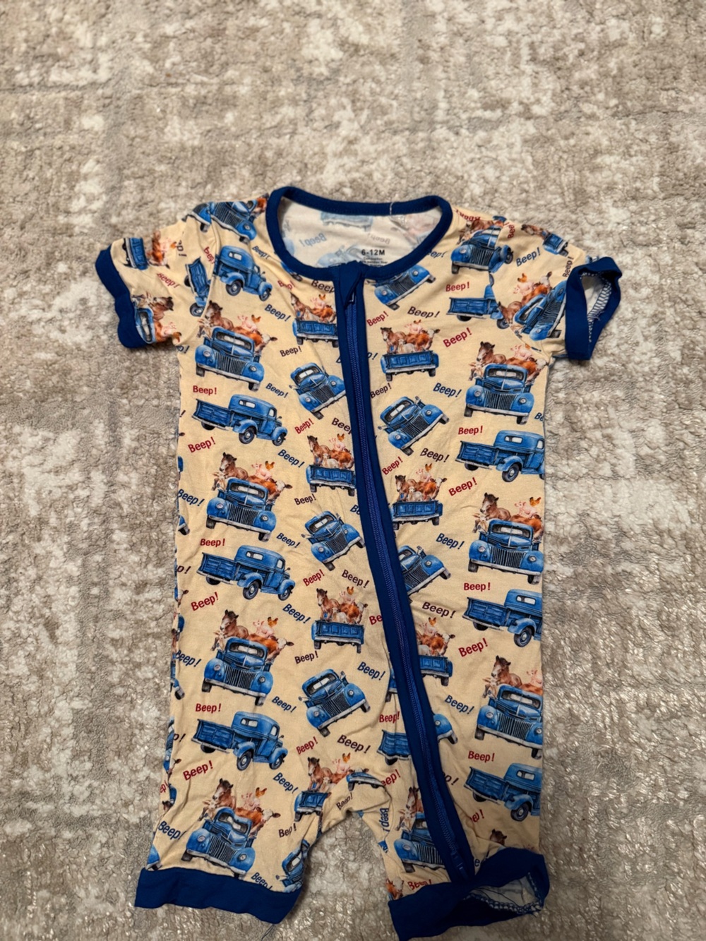 Bamboo Blue Truck Farm Animals Print Kids Pajamas Short Romper size 6/12M